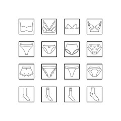 Set of underwear clothes panties, bra and socks. Colection of lingerie.  Black and white vector icons.