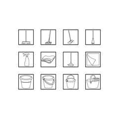 Set of cleaning tools. Black and white vector line icons.