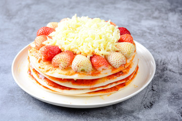 pizza with strawberry and cheeses, sweet pizza, layer cake pizza pn white background