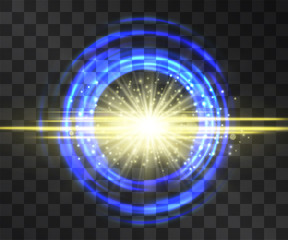 Neon blue circle flare frame with glowing golden laser stream of shining stardust sparkles illumination. Glistening blizzard ring in motion, outer space light effect portal. Luxurious vortex explosion