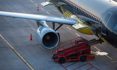 Flugzeug Abfertigung an einem Gate beim Hamburger Flughafen