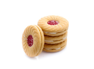 Jam sandwich biscuit from above isolated on white
