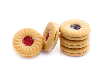 Jam sandwich biscuit from above isolated on white