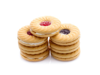 Jam sandwich biscuit from above isolated on white