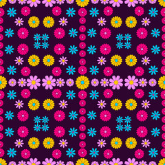 Flowers - seamless ornament. Simple multi-colored flower buds on a black background. Bright contrasting colors.