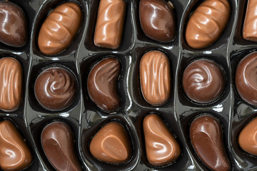 Close-up top view of various chocolate pralines
