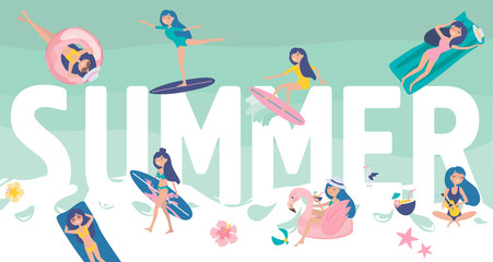 llustration with huge Summer lettering with girls surfing, swimming and spending time on the beach. Editable vector illustration