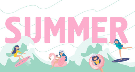 llustration with huge Summer lettering with girls surfing, swimming and spending time on the beach. Editable vector illustration