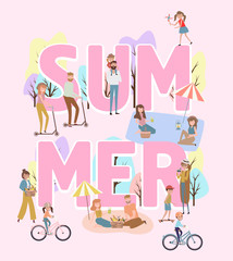 llustration with huge Summer lettering with active family vacation with kids, couples, families, relaxing on nature, ride bicycles and skateboard. Editable vector illustration