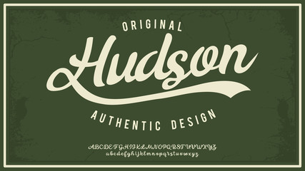 Hudsone. Hand made script typeface. Vintage brush script. Retro vector illustration. Print for clothes.