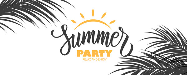 Fototapeta na wymiar Summer Party banner. Summertime party tropical background with hand drawn lettering Summer Party, sun and palm leaves. Vector illustration.