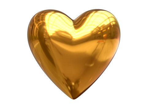 3D Render of metalic golden heart shape isolated on white
