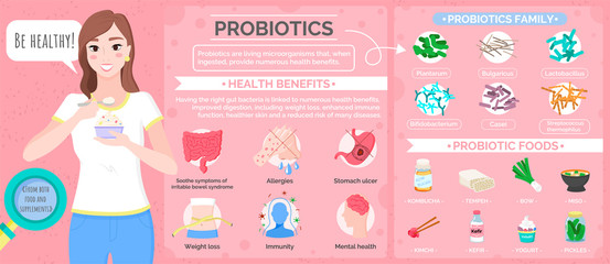 Probiotics poster vector, special food and ingredients tempeh and bow, kombucha and kimchi, kefir and yogurt, multicolor probiotic icons, pickles and miso for weight loss immunity