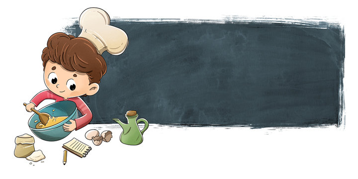 Ni&ntilde;o cocinando con fondo de pizarra