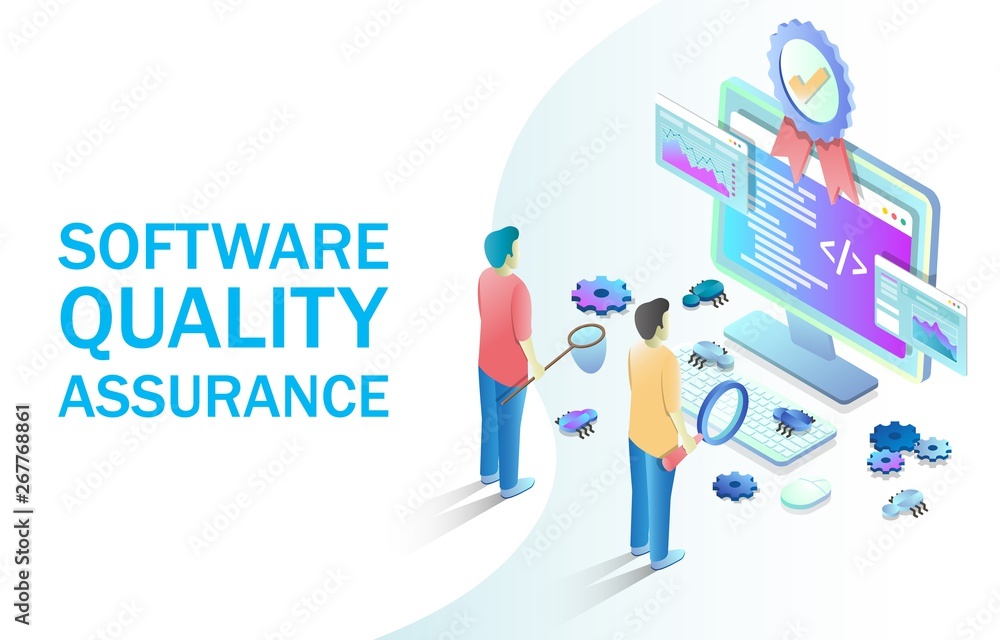 Poster software quality assurance vector concept for web banner, website page