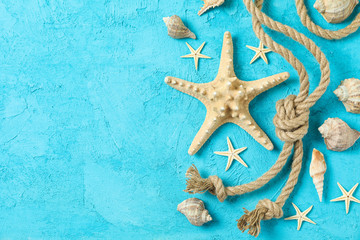 Fototapeta na wymiar Starfish, seashells and sea ​​rope on color background, space for text and top view. Summer vacation backdrop
