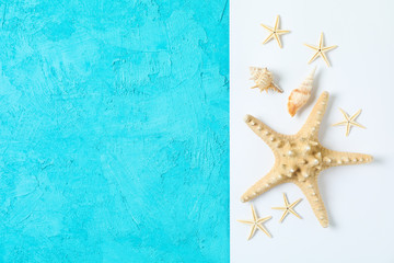 Starfish and seashells on two tone background, space for text and top view. Summer vacation backdrop