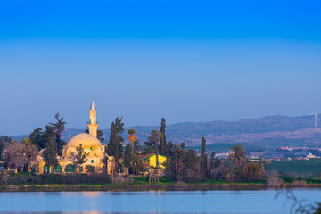 The ancient Hala Sultan Tekke or Mosque of Umm Haram in the Islamic religion is a Muslim shrine. Salt lake in Larnaca. Cyprus.