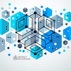 Technical blueprint, vector blue digital background with geometric design elements, cubes. Engineering technological wallpaper made with honeycombs.