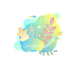 Fototapeta premium Springtime vector, foliage and flora of spring vegetation and plants, isolated banner with abstract design and inscription, template with floral decor