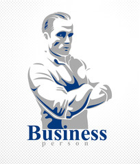 Confident successful businessman handsome man business person vector logo or illustration realistic drawing style.