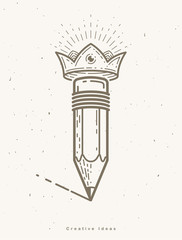 Pencil with crown, vector simple trendy logo or icon for designer or studio, creative king, royal design, linear style.
