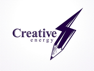 Creative energy power concept shown by pencil in a shape of lightning bolt, vector logo or icon, the power of idea, design and art, science invention or research.