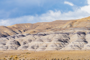 Beautiful view of sandstone mountain with dry yellow golden grass with cloud sky on the way from El Calafate to El Chalten in south Patagonia, Argentina