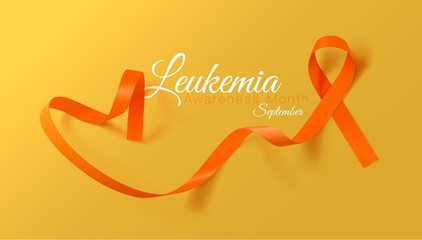 Leukemia Awareness Calligraphy Poster Design. Realistic Orange Ribbon. September is Cancer Awareness Month. Vector