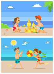 Children playing volleyball vector, boy and girl building sand castle and talking. Kids on summer vacation spending time by seaside, ball game summertime