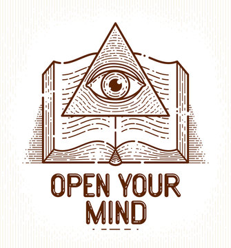Secret knowledge vintage open book with all seeing eye of god in sacred geometry triangle, insight and enlightenment, masonry or illuminati symbol, vector logo or emblem design element.