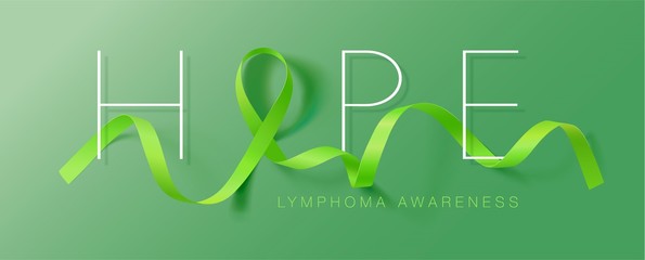 Lymphoma Awareness Calligraphy Poster Design. Realistic Lime Green Ribbon. September is Cancer Awareness Month. Vector
