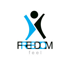 Vector illustration of excited abstract  man with raised reaching up. Successful business career emblem. Corporate development logo. Freedom creative logotype.