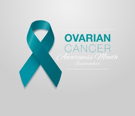 Ovarian Cancer Awareness Calligraphy Poster Design. Realistic Teal Ribbon. September is Cancer Awareness Month. Vector