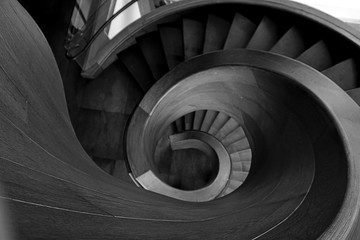 Black and white spiral staircase. 