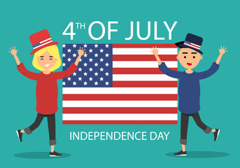 Independence Day United States.Young characters in hats with American symbols celebrate the holiday.Flat cartoon design
