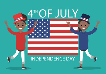 Independence Day United States.Young characters in hats with American symbols celebrate the holiday.Flat cartoon design