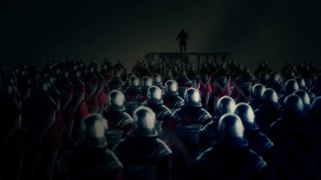 Roman Centurion Gives a Speech in Front of a Legion Under a Thunderstorm
