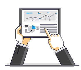 Internet communication and activity, man hands holding tablet and using apps, global network, modern communication, messenger or social media concept, vector design.