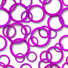 Abstract seamless pattern of randomly arranged purple rings with soft shadows on white background