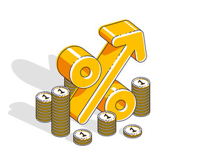 Percentage rate income profit concept, percent dimensional symbol with cash money stack isolated on white background. Vector 3d isometric business and finance illustration, thin line design.