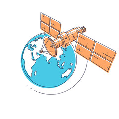 Satellite flying orbital flight around earth, communication technology spacecraft space station with solar panels and satellite antenna plate. Thin line 3d vector illustration.