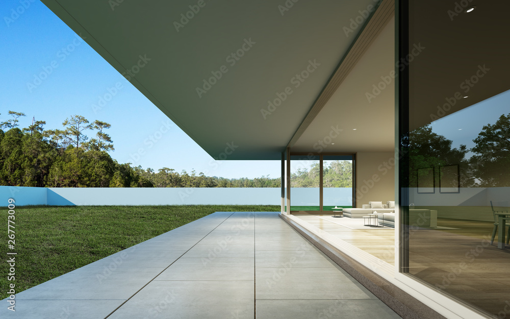 Poster Perspective of modern luxury house with swimming pool and lawn yard in day time, Idea of minimal architecture design. 3D rendering 