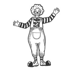 Circus clown funnyman performance sketch engraving vector illustration. Scratch board style imitation. Black and white hand drawn image.