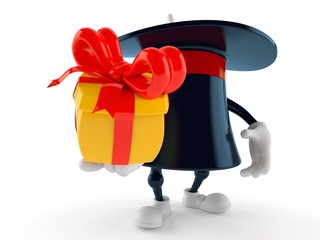 Magic hat character holding gift