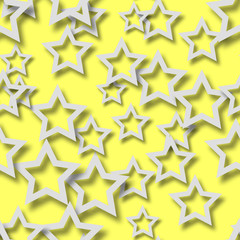 Abstract seamless pattern of randomly arranged white stars with soft shadows on yellow background