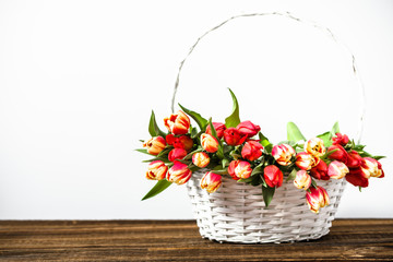 Fototapeta na wymiar Spring tulip bouquet, basket with flowers. Mothers day background.