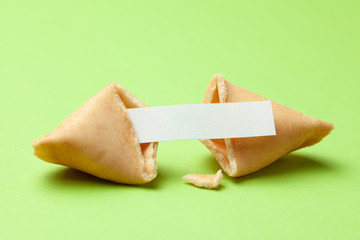Chinese fortune cookies. Cookies with empty blank inside for prediction words. Green background.