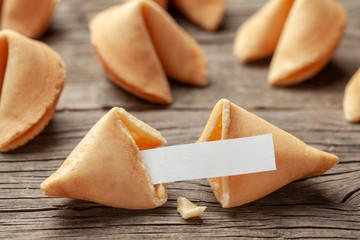 Chinese fortune cookies. Cookies with empty blank inside for prediction words. Background of old...