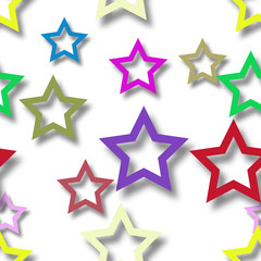 Abstract seamless pattern of randomly arranged colored stars with soft shadows on white background